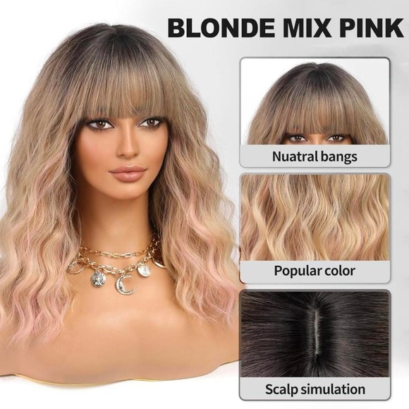 Human hair blend pink with blonde highlights wig - Picture 4 of 5